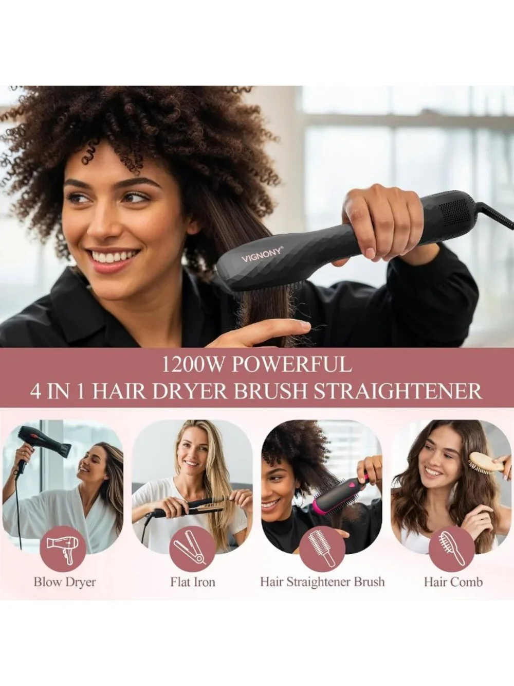 4-in-1 Ionic Hot Air Brush & Hair Dryer, Ceramic Straightener & Volumizer for